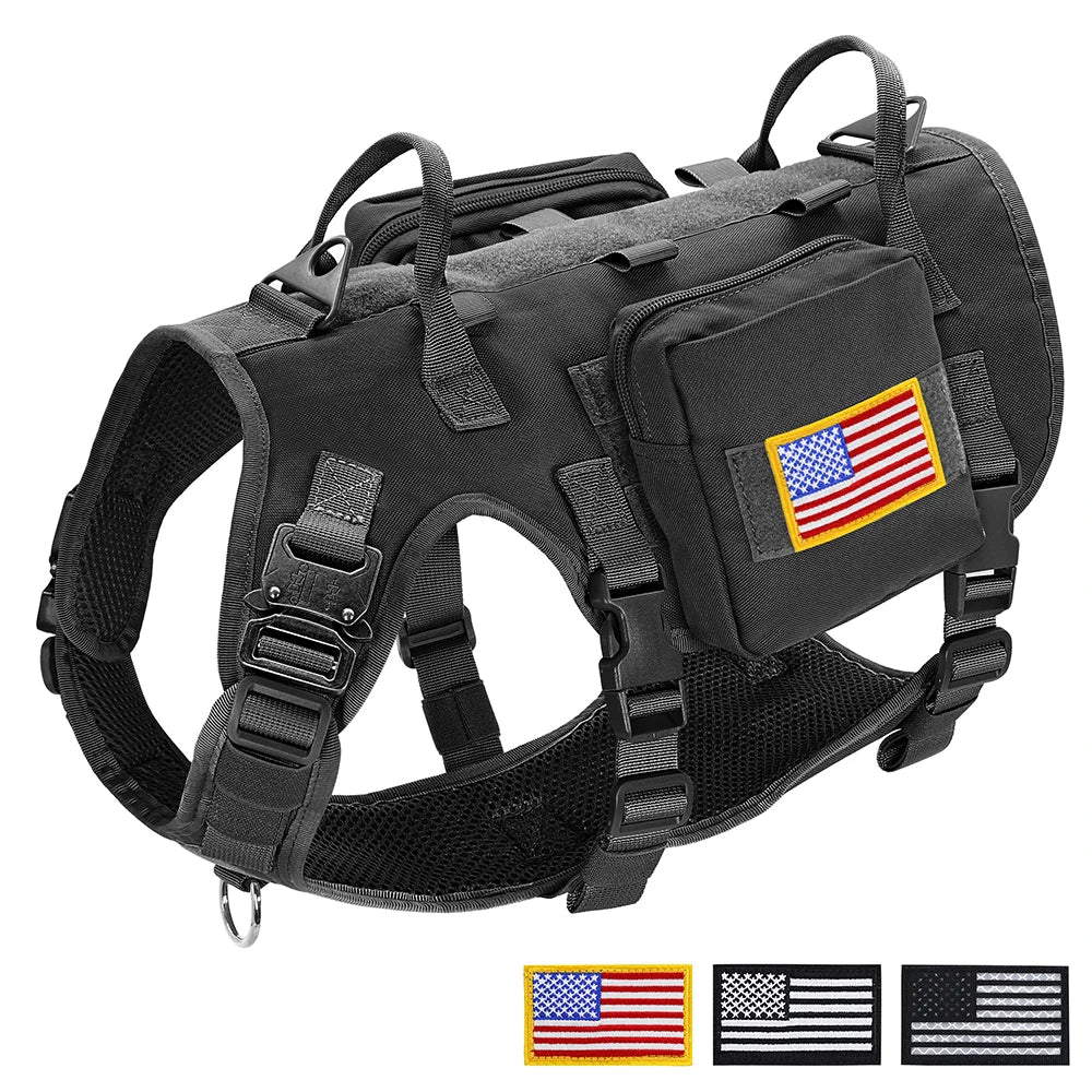 Tactical Military Dog Harness with 2 Bags & 3 Flags