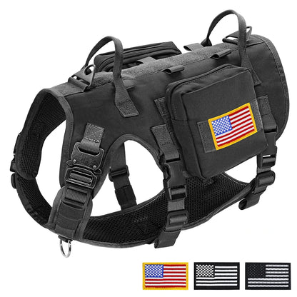 Tactical Military Dog Harness with 2 Bags & 3 Flags