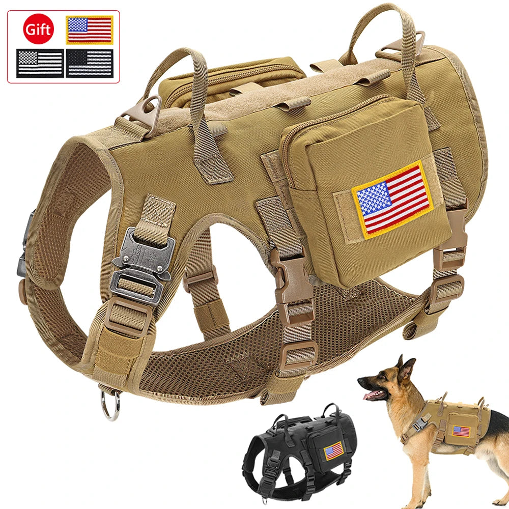Tactical Military Dog Harness with 2 Bags & 3 Flags